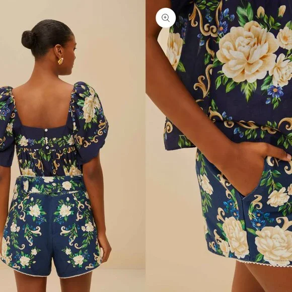 NWT Farm Rio High Rise Belted Navy Blue Flower Tapestry Shorts Size 30 Medium - Picture 2 of 9